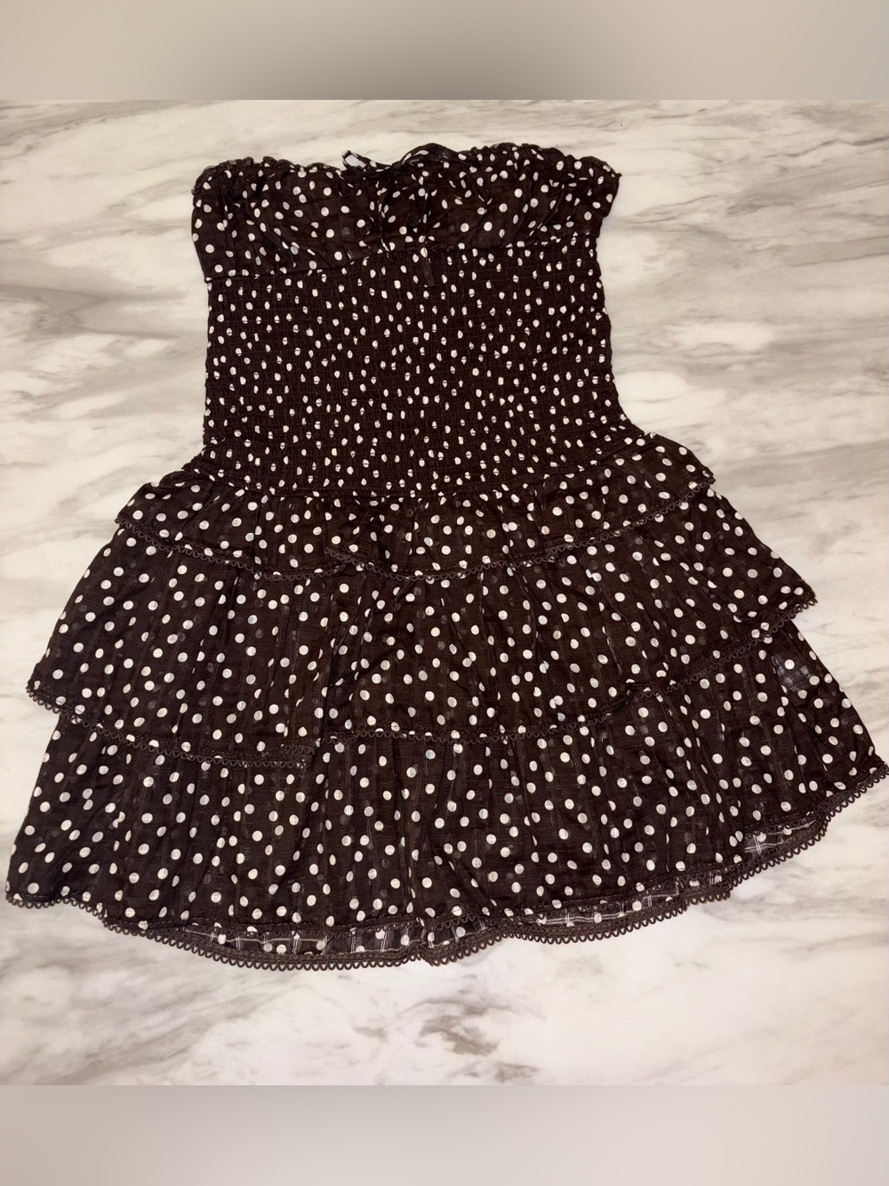 Wild Fable Brown White Polka Dot Strapless Smocked Tiered Mini Dress Medium NWT